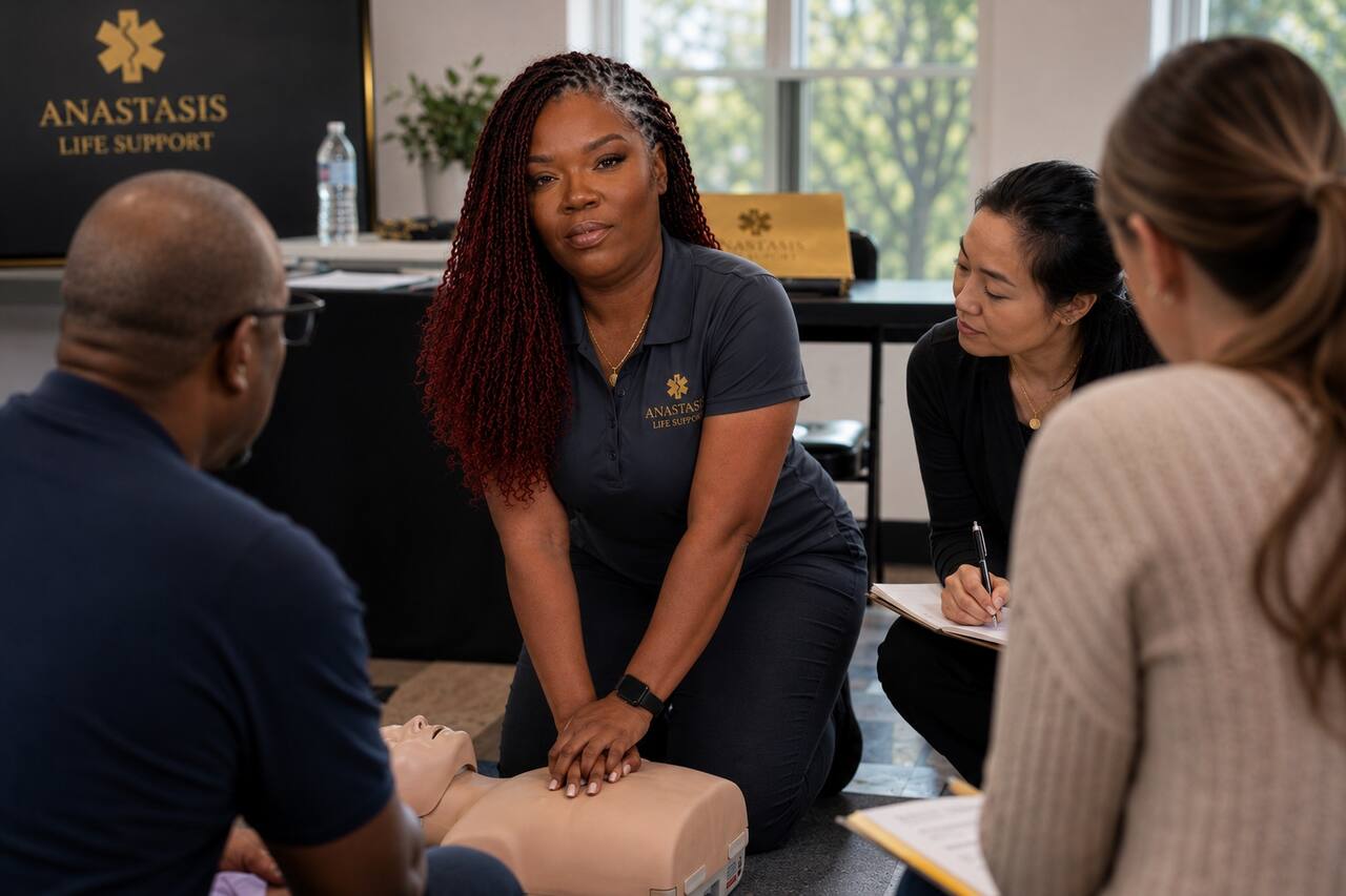 Deven James demonstrating CPR compressions during an Anastasis Life Support training class